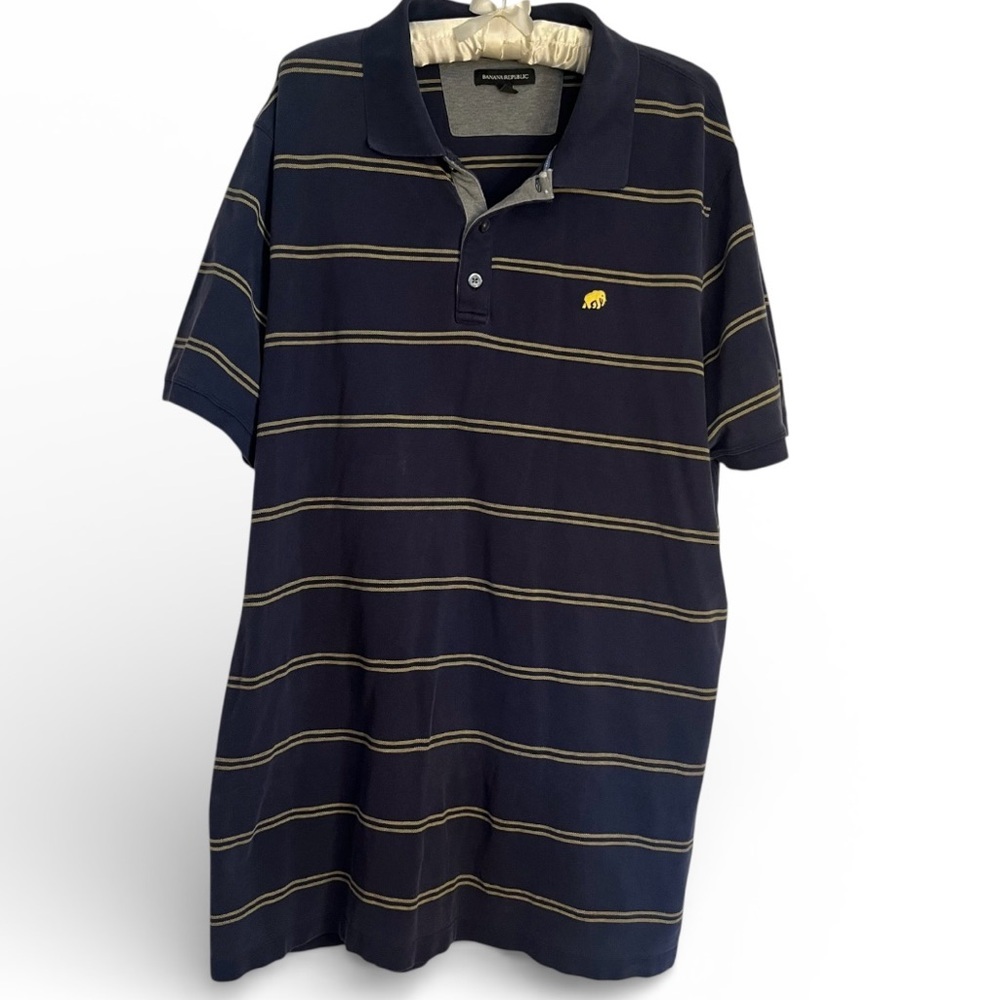 Banana Republic XXL Tall Mens Polo Shirt Navy Yellow Stripe Elephant Logo Cotton
